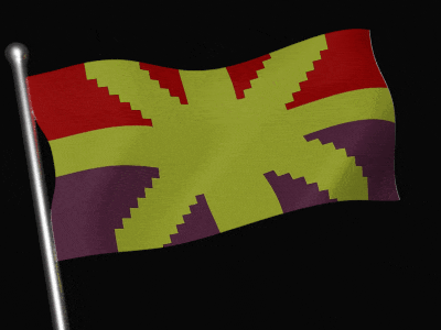 a yellow red and purple flag is waving on a pole