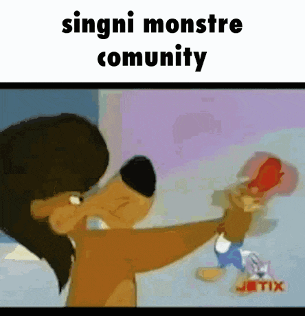 a cartoon character with the words singni monstre community written on it .