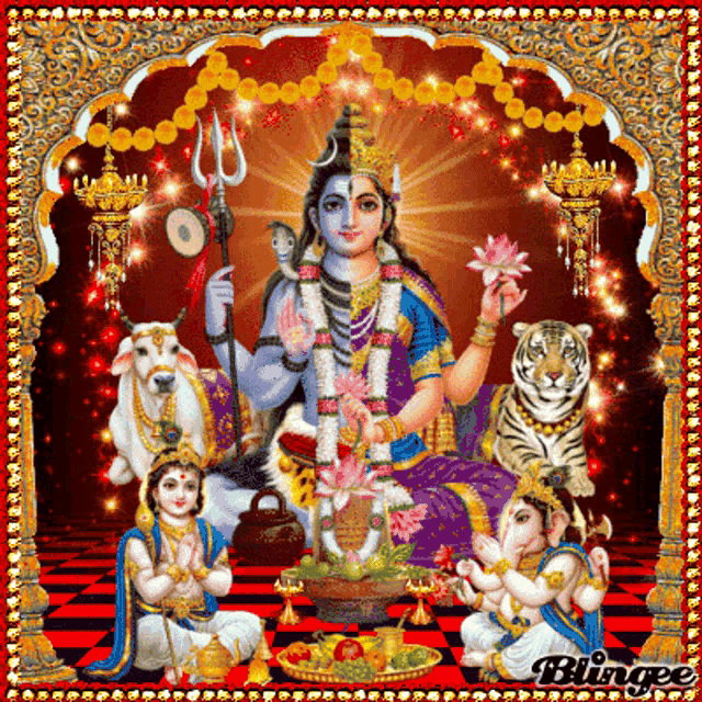 a painting of a woman holding a trident surrounded by deities and animals