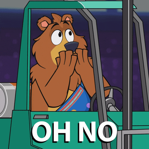 a cartoon bear is driving a green truck with the words oh no written on the side