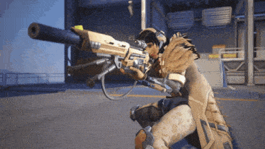 a video game character is holding a sniper rifle with the number 7 on it