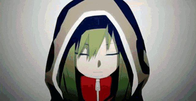 a girl with green hair is wearing a hoodie and a red scarf .