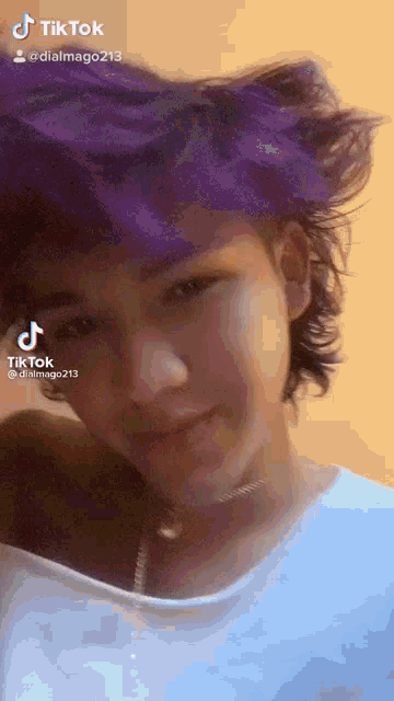 a young man with purple hair is wearing a white shirt and a necklace .