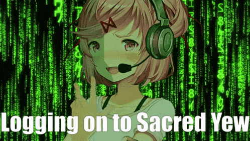 a picture of a girl with headphones and the words " logging on to sacred yew "