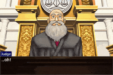 a man with a beard is sitting in front of a judge in a video game