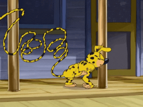 a cartoon dog with a long tail is standing next to a wooden pole