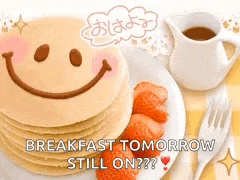 a stack of pancakes with a smiley face on them next to strawberries and coffee .
