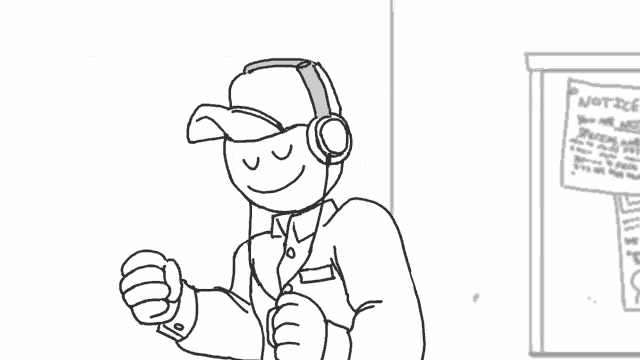 a black and white drawing of a man wearing a hat and headphones standing in front of a bulletin board .