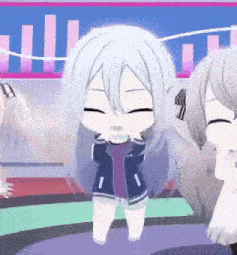 a cartoon girl with long white hair is dancing on a stage with other girls .