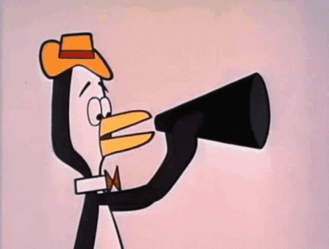 a cartoon penguin wearing a cowboy hat and bow tie holds a megaphone