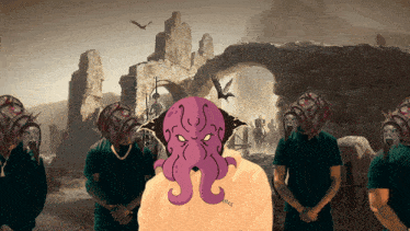 a man with a purple octopus on his head wearing a sweatshirt that says justice
