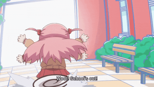 a cartoon girl says woo ! school 's out in front of a red building