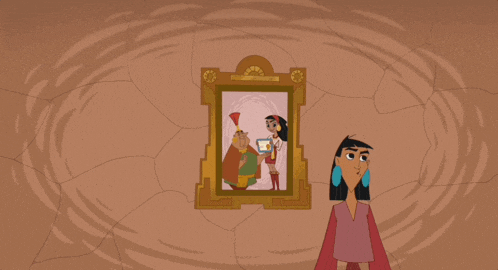 a cartoon character is standing in front of a painting