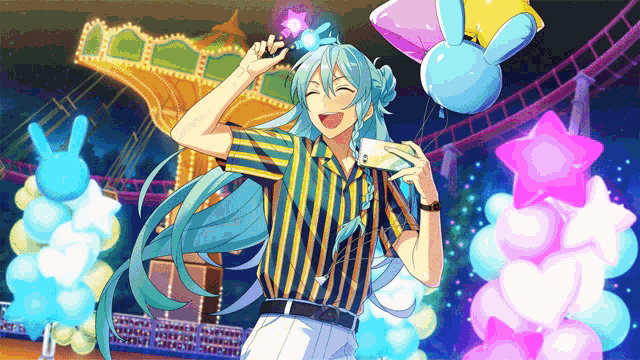 a man with long blue hair is taking a picture of himself in front of a roller coaster