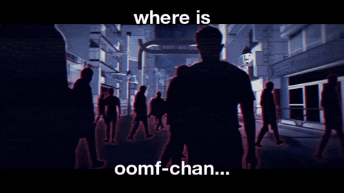 a group of people walking down a street with the words " where is oomf-chan " below them