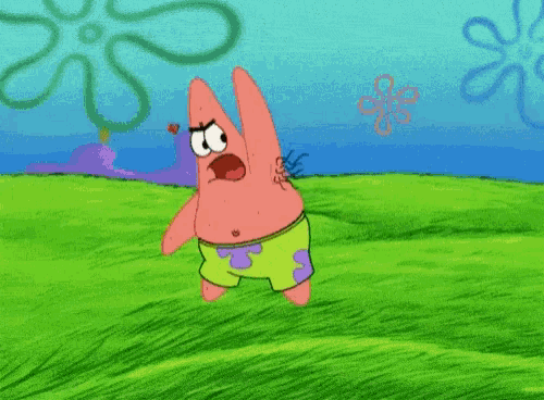 a cartoon of spongebob and patrick standing in a field
