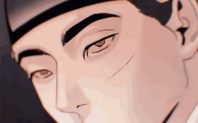 a close up of a man 's face with a scar on his face and a hat on .