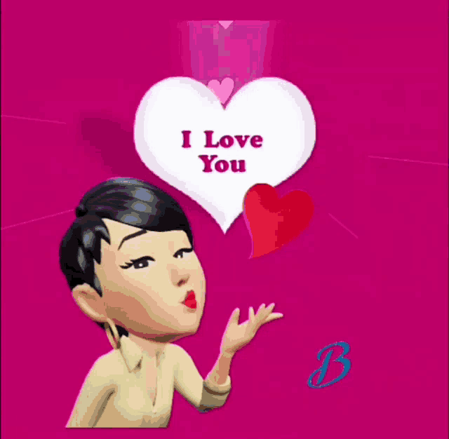 a cartoon girl blowing a kiss with the words i love you above her head