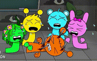 a group of cartoon characters are crying while sitting around a dead mr. nugget .
