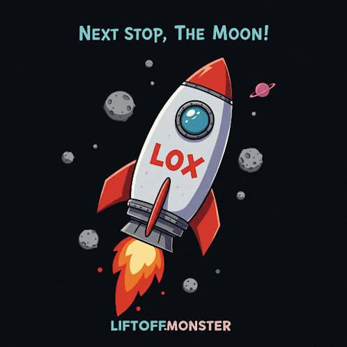 a rocket with the word lox on it flies through space