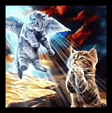 a painting of two cats with angel wings looking up