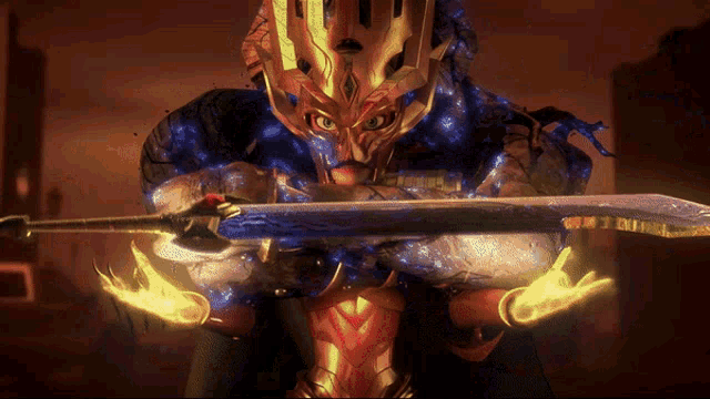 a cartoon character is holding a sword with glowing arms