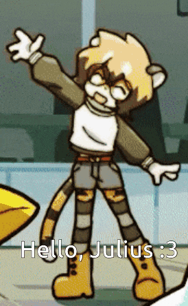 a cartoon character is standing with his arms outstretched and says hello julius