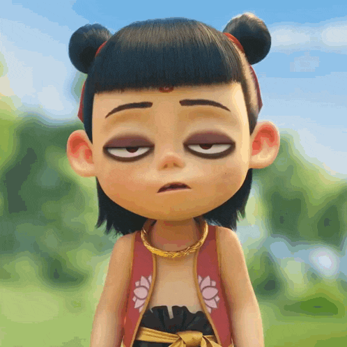 a close up of a cartoon character 's face with a tired look on his face