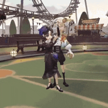 a man and a woman are dancing in front of a roller coaster in a video game .