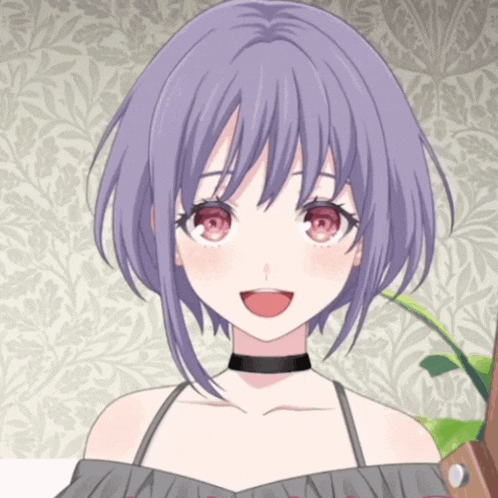 a girl with purple hair and red eyes is wearing a black choker
