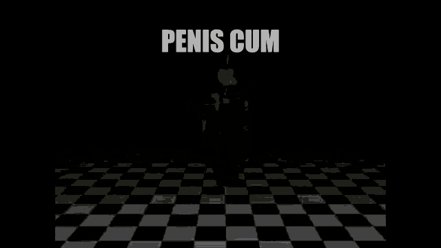 a cartoon character is standing on a checkered floor with the words penis cum written on it .