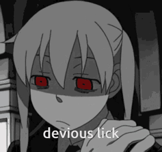 a black and white anime character with red eyes and the words devious lick below her