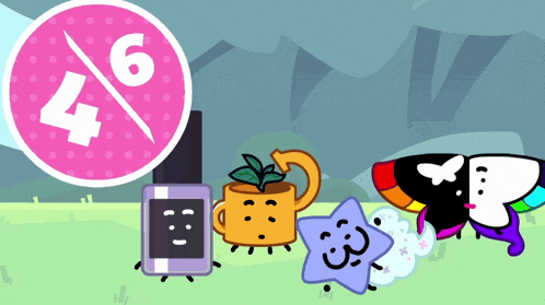 a group of cartoon characters are standing in front of a pink circle with the number 6 on it