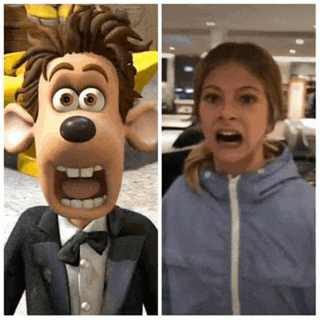 a woman is wearing a blue jacket next to a cartoon character in a tuxedo
