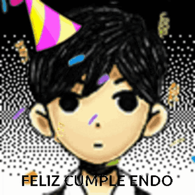 a pixel art of a boy wearing a party hat with the words feliz cumple endo written below him