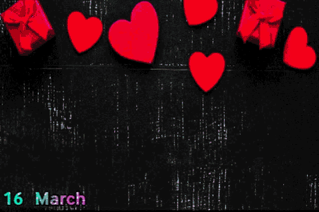 a black background with green hearts and the words happy birthday 16 march