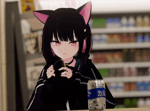 a girl with cat ears sits at a table with a can of soda in front of her