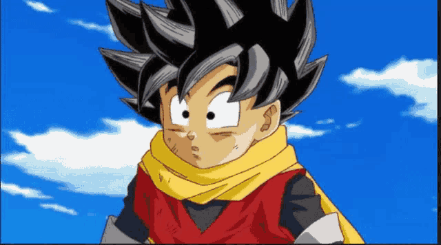 a cartoon character with a scarf around his neck is standing in front of a blue sky