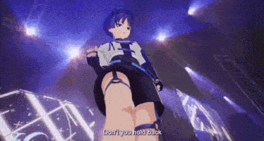 a video game character says " do n't you hold back " as she stands on a stage