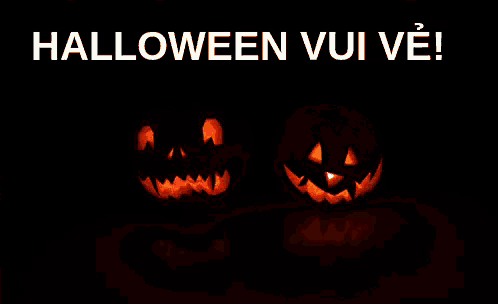 two carved pumpkins are lit up with the words halloween vui vee written above them