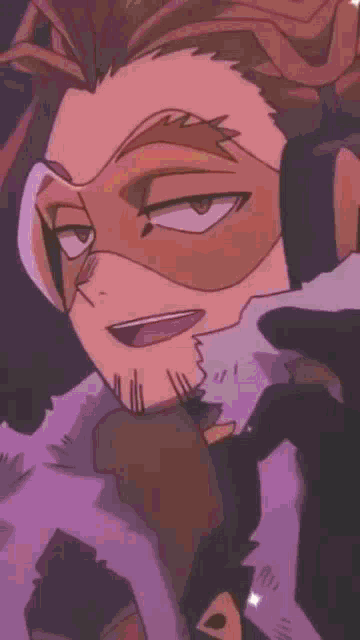 a close up of hawks from my hero academia wearing a mask and headphones .