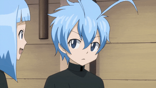 a girl with blue hair is talking to another girl