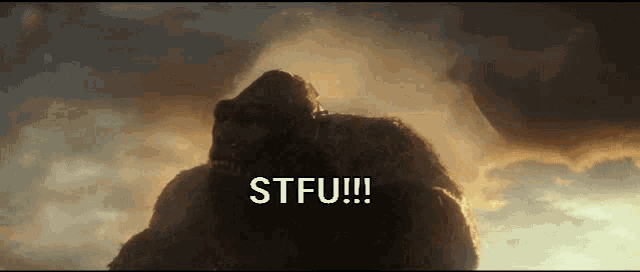 a giant gorilla is standing on top of a mountain and says stfu