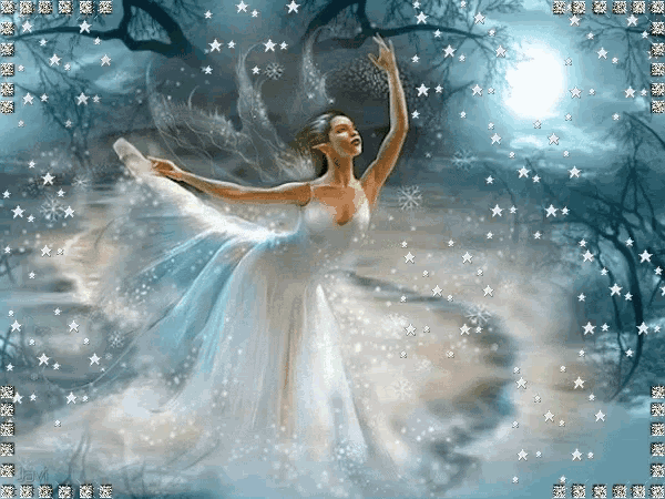 a woman in a white dress is dancing in a snowy forest
