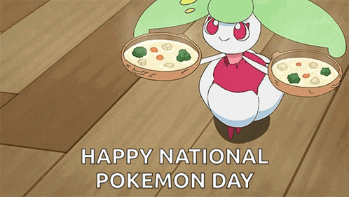 a pokemon is holding two bowls of soup and the words happy national pokemon day are above it