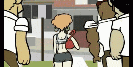 a cartoon of a woman with a red purse walking between two men