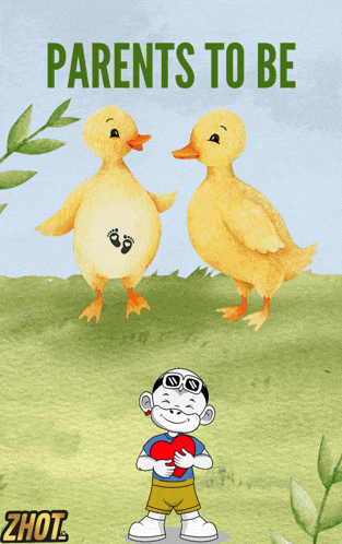 a poster that says parents to be with ducks and a boy holding a heart