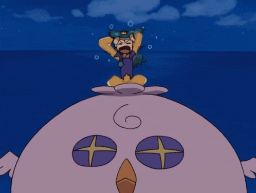 a cartoon character is sitting on top of a purple bird