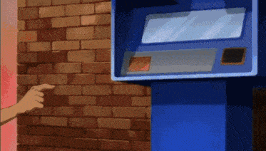 a cartoon drawing of a person pointing at an atm