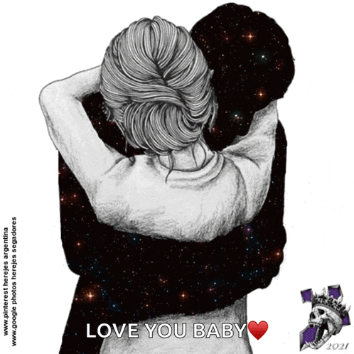 a black and white drawing of a woman hugging a man with the words love you baby on the bottom